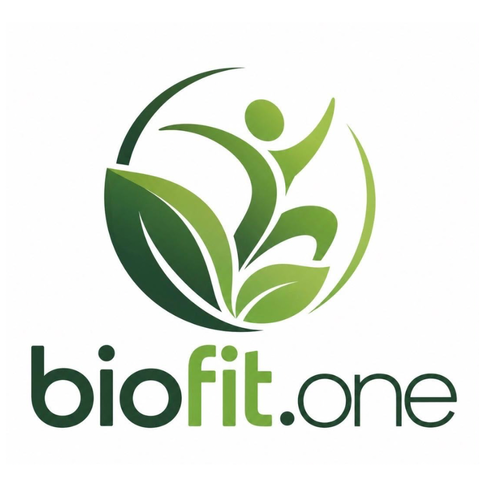 biofit.one Logo: grüne Blätter und eine aktive Figur